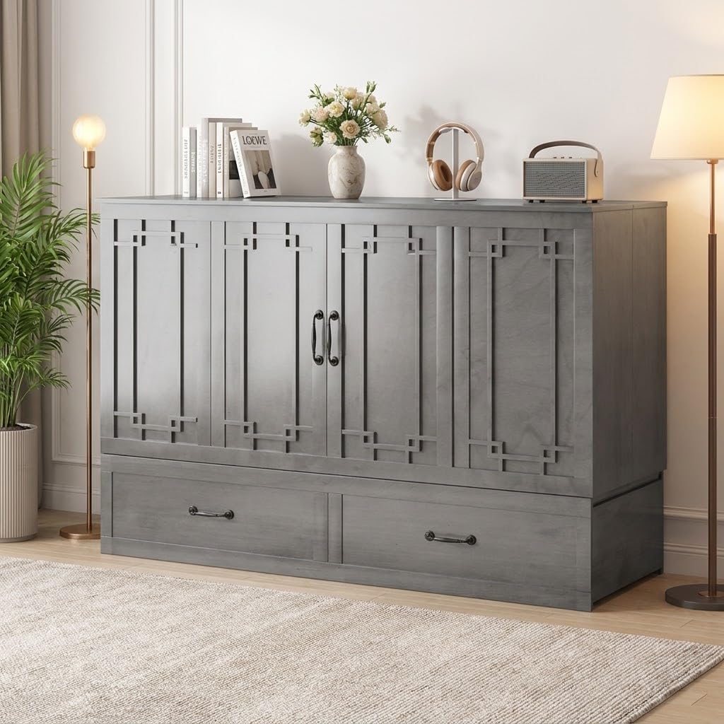 Mjkone Murphy Cabinet Bed, Queen Size No Mattress, Grey | Foldable Mattress, Guest Cabinet Murphy Beds with USB Ports, Cube Cabinets Chest Wall Beds with Drawers