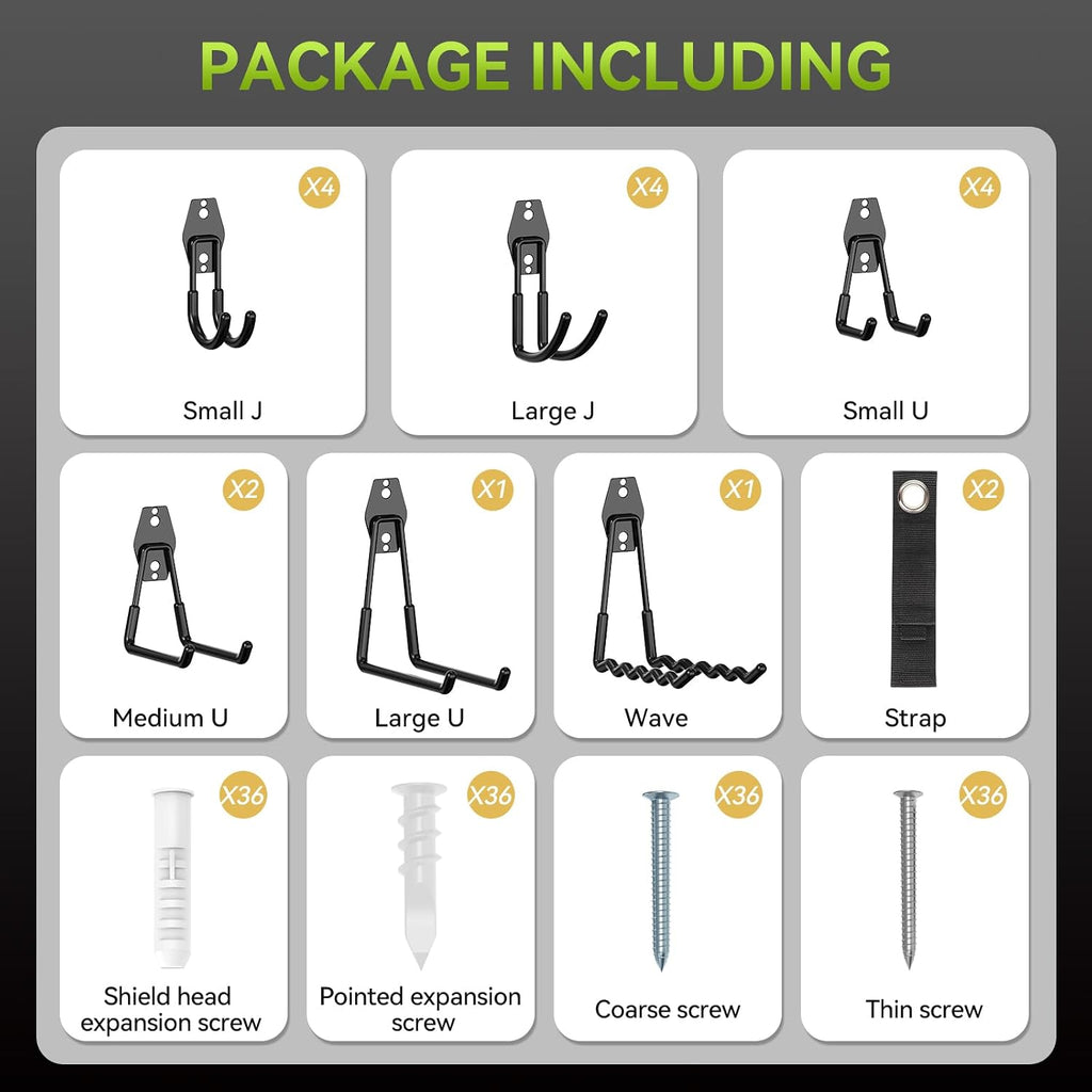 18 Pack Garage Hooks Heavy Duty, Utility Steel Garage Storage Hooks, Garage Organization System with Anti-Slip Wall Mount Hangers for Hanging Bike, Ladder, Garden Tools (Black)