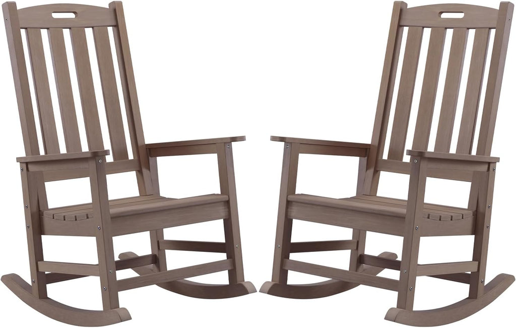 Psilvam Oversized Outdoor Rocking Chair Set of 2, Porch Rocker with 21" Wide Seat and 32" Tall Backrest, Pre-Assembled with Most Components for Effortless Installation (Brown)