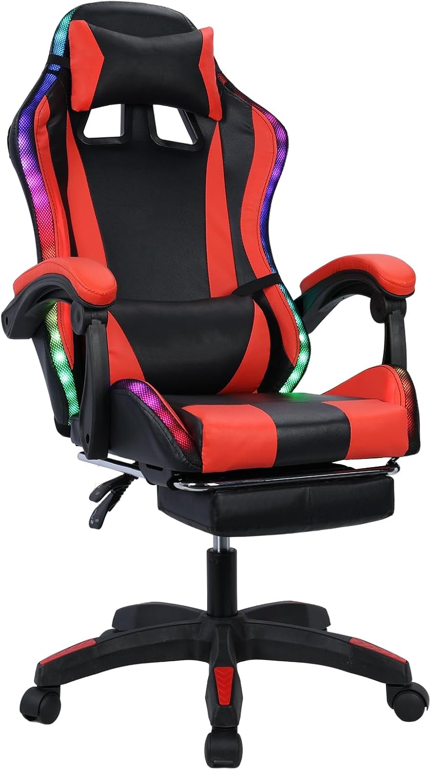 Gaming Chair with Bluetooth Speakers & Lights, Ergonomic High-Back Office Chair with Retractable Footrest, 360° Swivel Adjustable Computer Chair, Faux Leather Racing Style for Home Office & Gaming