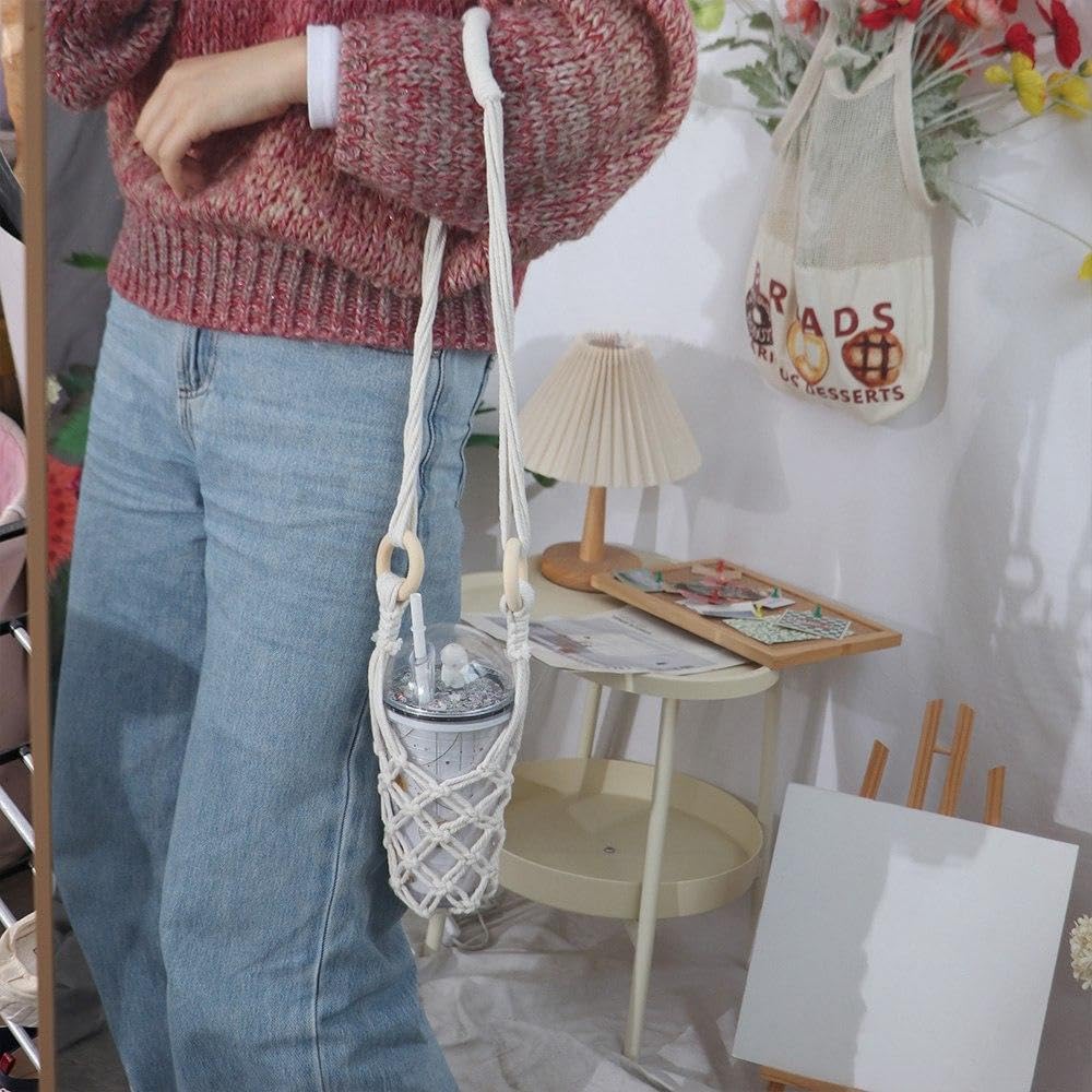 Hanging Water Bottle Net Bag Cotton Carrier with Hooks Portable Storage Holder for Wine Bottles DIY Accessories(white)