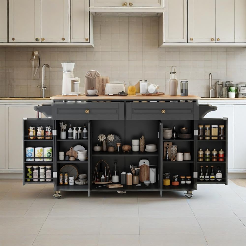 Kitchen Island Cart with Storage on Wheels, 59" Large Rolling Kitchen Island with Drop Leaf, Mobile Island for Kitchen with Towel Rack, Drawers for Dining Room, Black