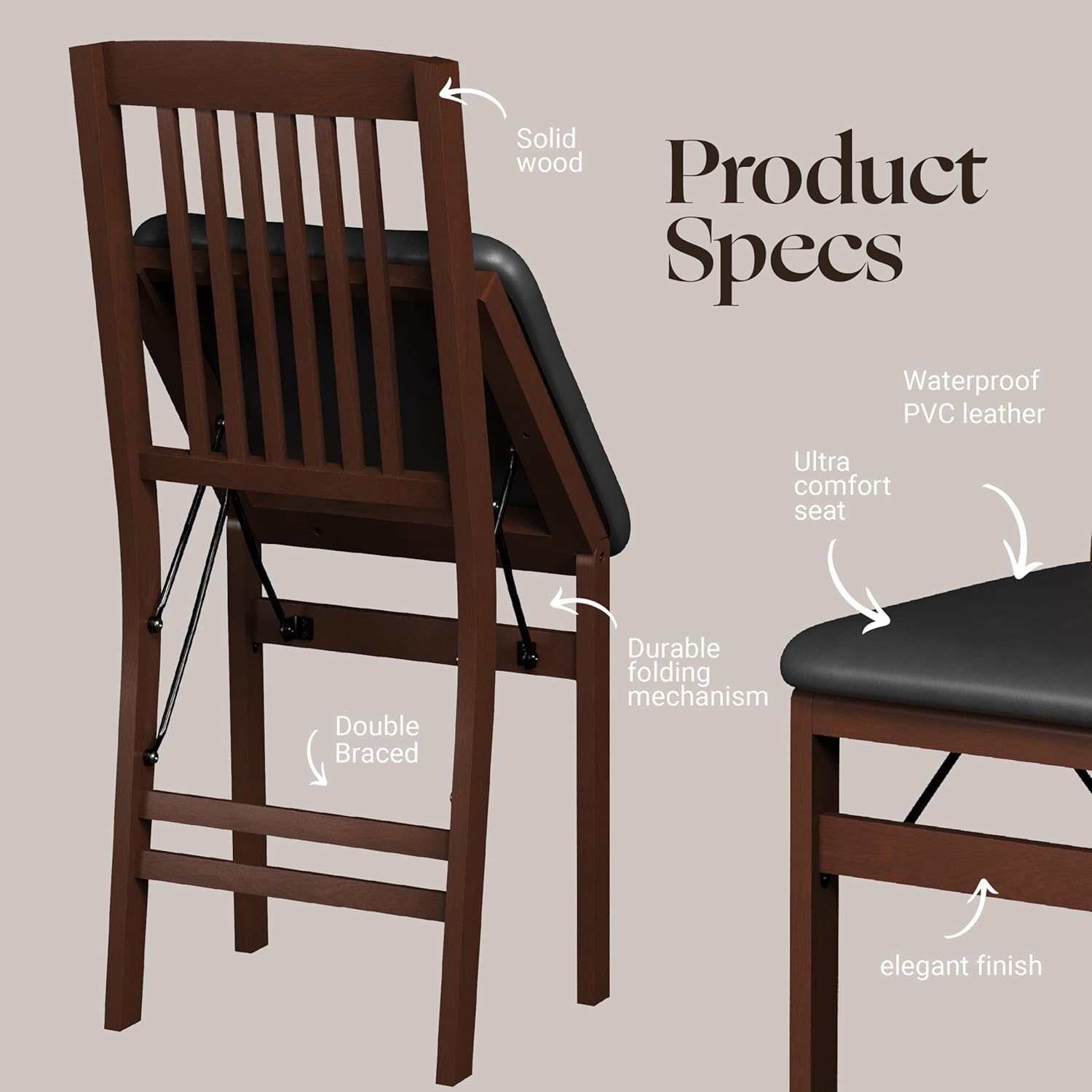 SIMPLEX Compact Folding Wood Dining Chairs – No Assembly, PU Leather Cushions, 400 lb Load Capacity, Space-Saving Design for Apartment & Kitchen Use (4 Pack)