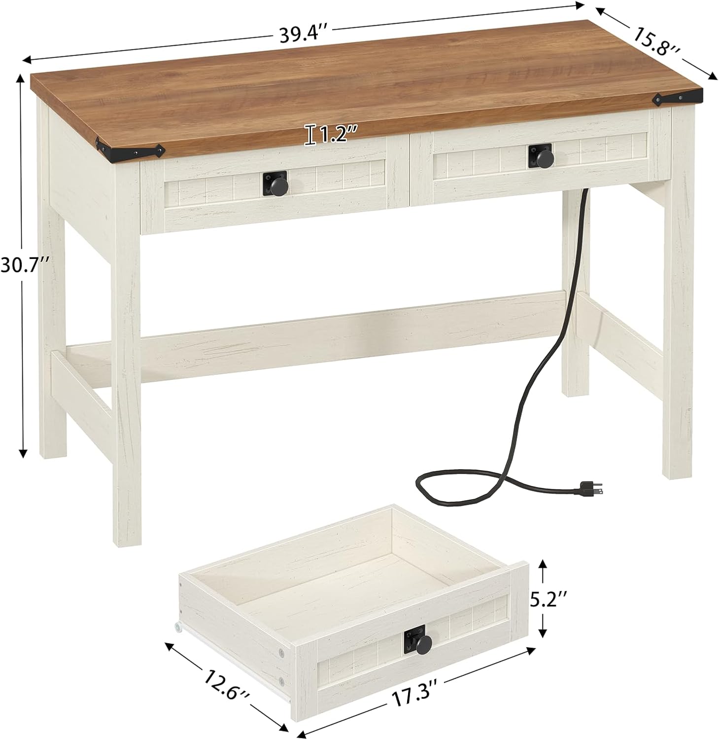 YOMILUVE Farmhouse Computer Desk with 2 Drawers, 39 Inch Small Office Computer Desk with Power Outlets, Compact Writing Study Desk for Small Spaces, Antique White