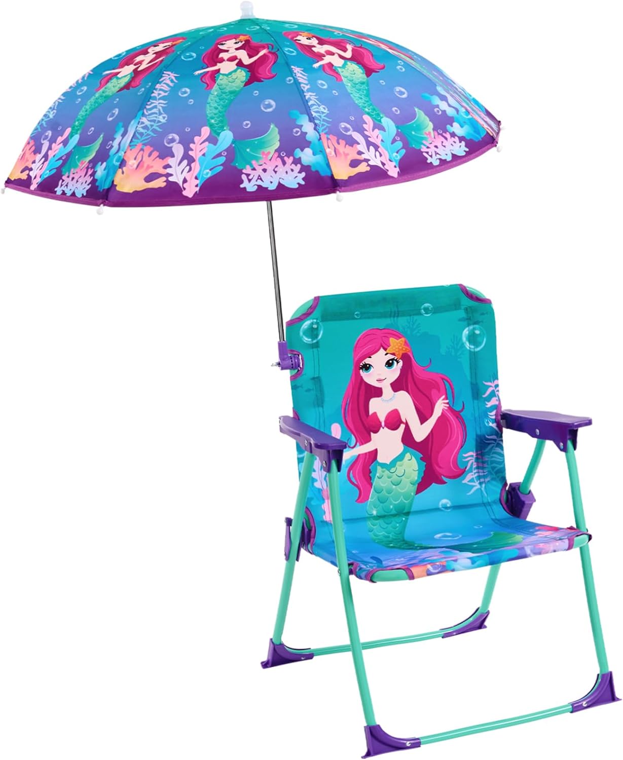 WERNNSAI Kids Beach Chair with Umbrella, Toddler Outdoor Folding Camping Chair with Canopy Sun Shade for Beach Pool Travel Picnic for Age 1-3 (Mermaid)