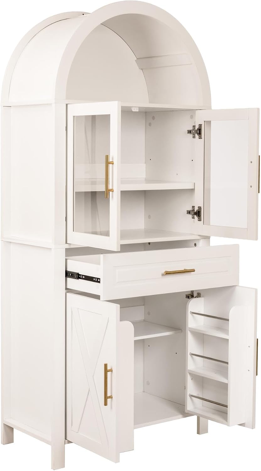 KEIKI 71" Tall Arched Kitchen Pantry Cabinet with Glass Door,Drawer,Farmhouse Storage with Adjustable Shelves Design for Kitchen,Living & Dining Room