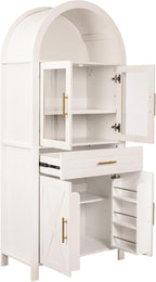 SOFTSEA Arched Kitchen Pantry Cabinet with Glass Door, 71" Tall Cupboard Cabinet with Adjustable Shelves & Barn Door, Farmhouse Kitchen Hutch with Drawer for Dining Room, White