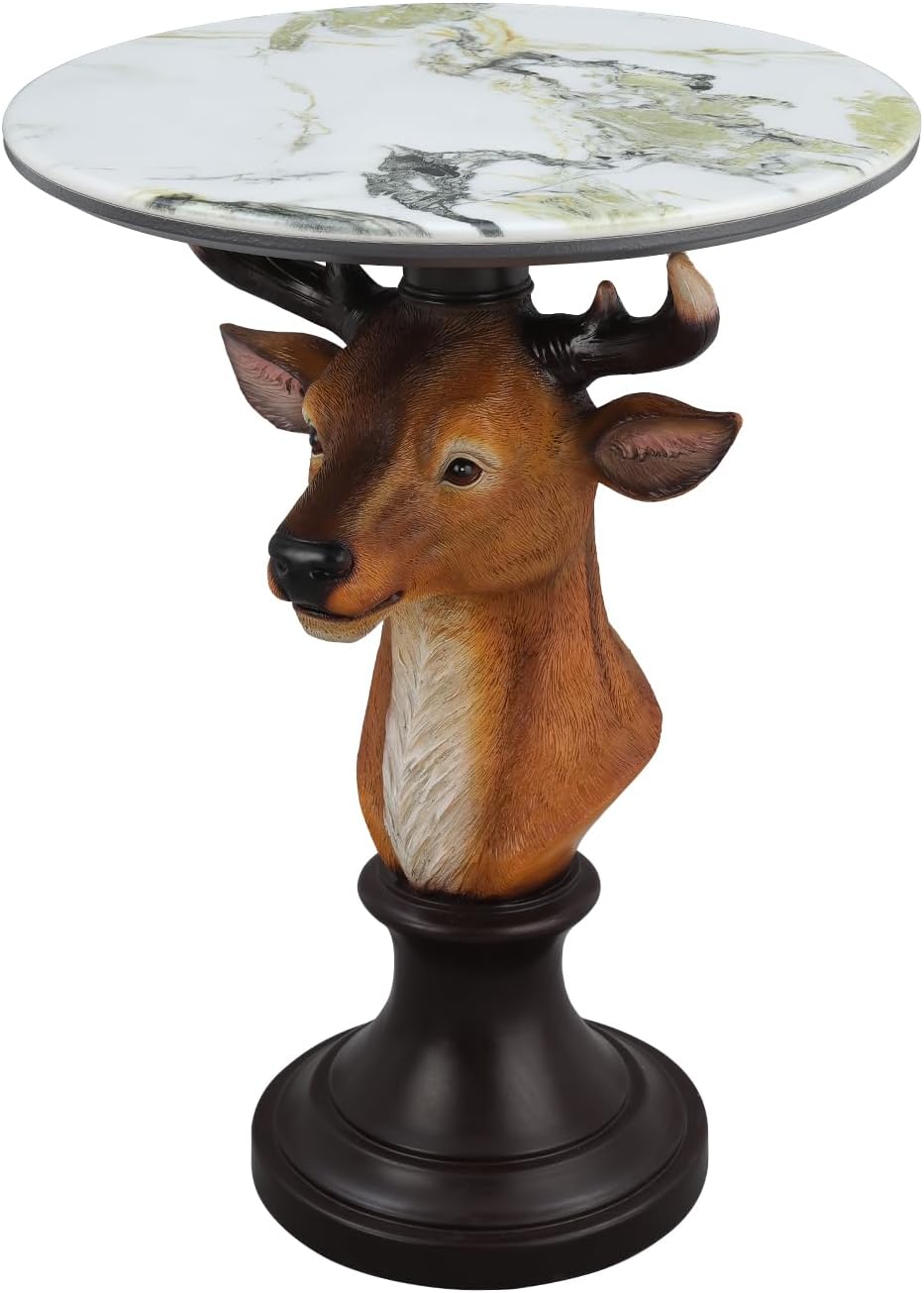 Realistic Deer Head Accent End Table - Buck Side Table with Faux Marble Round top, 25.59" Tall Contemporary Stag Nightstand for Living Room, Office and Reception Area Gift for Mom and Dad