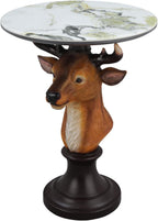 Realistic Deer Head Accent End Table - Buck Side Table with Faux Marble Round top, 25.59" Tall Contemporary Stag Nightstand for Living Room, Office and Reception Area Gift for Mom and Dad