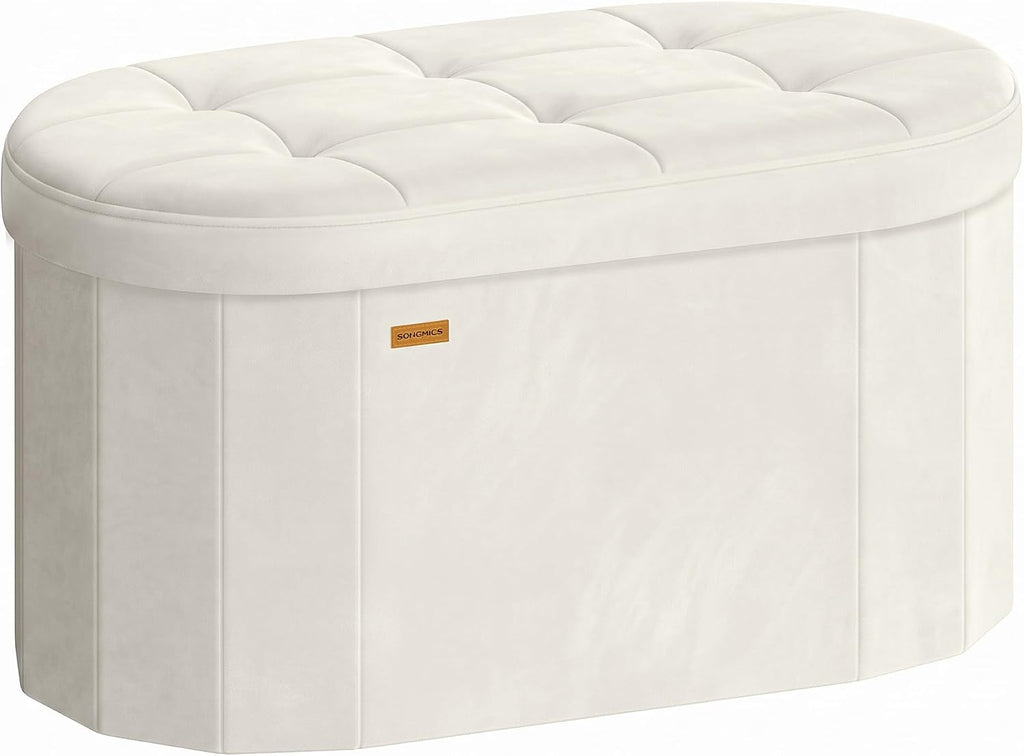 SONGMICS Mazie Collection - Folding Ottoman with Storage, Oval Storage Ottoman Bench, for Living Room, Bedroom, Velvet Fabric, 15 x 30 x 15 Inches, Cream White ULSF267LH01