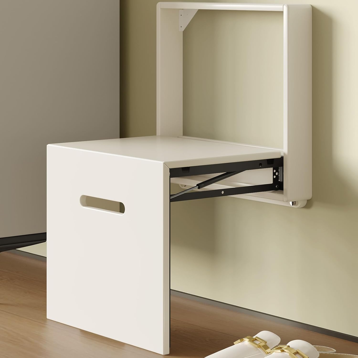 Wall Mounted Seat Shoe Changing Stool, Folding Stool Chair for Entryway, Space Saving Hidden Wall Stools,Folding Entryway Stool, Tea White, 18.97" W