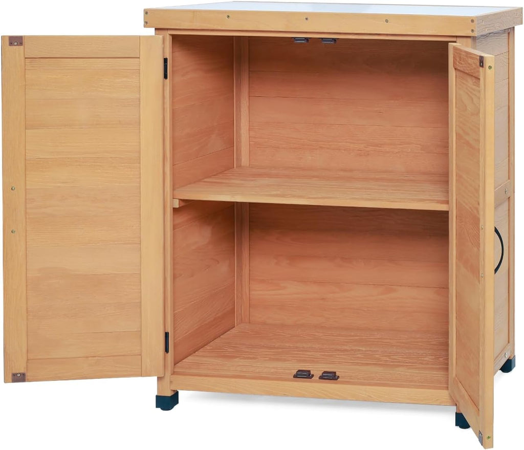 31" Weatherproof Small Storage Cabinet, Storage Cabinets with X-Shape Sturdy Design, Tool Cabinet with Magnetic Door for Patio and Garage, Light Brown