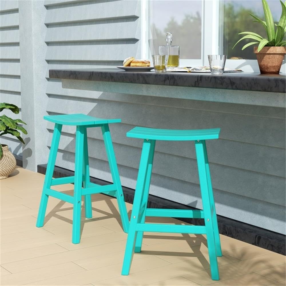 Costaelm All-Weather Bar Stools Set of 2, 29" Height Outdoor Bar Stools, Adirondack Poly Patio Bar Stool for Patio, Deck, Kitchen Counter and Garden, Turquoise