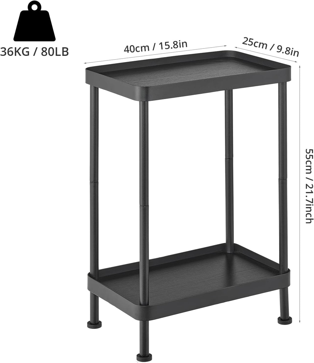 Small Narrow Side Table, 2 Tier End Table with Storage Shelf, Sofa Table for Small Spaces in Living Room, Bedroom, Office, Nightstand or Plant Stand (Black)