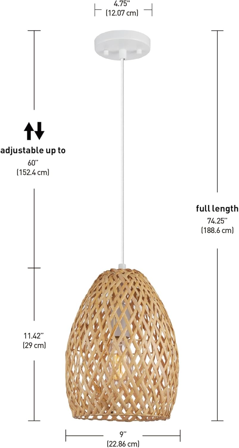 Globe Electric x Novogratz 61090 1-Light Pendant Light Fixture, Light Twine Shade, White Socket, Adjustable Cloth Cord Height, Modern Hanging Lights for Kitchen Island, Hallway, or Dining Room