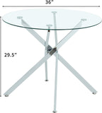 Glass Dining Table Set for 4, Modern 36" Round Kitchen Table with 4 Velvet Dining Chairs and Silver Cross Metal Legs, Modern Circle Dinner Table Set, 5 Piece Dining Set for Kitchen