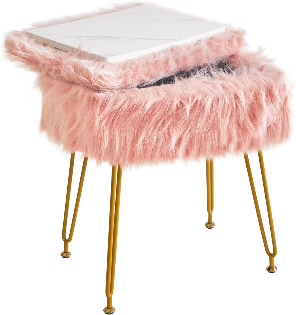 IBUYKE Rectangular Faux Fur Vanity Stool with Storage, Pink WBD022P | Furry Makeup Chair Ottoman Soft Padded Seat Round Footrest Footstools 4 Metal Legs Living Room Bedroom Entryway