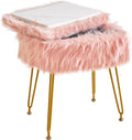IBUYKE Rectangular Faux Fur Vanity Stool with Storage, Pink WBD022P | Furry Makeup Chair Ottoman Soft Padded Seat Round Footrest Footstools 4 Metal Legs Living Room Bedroom Entryway