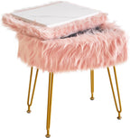 IBUYKE Rectangular Faux Fur Vanity Stool with Storage, Pink WBD022P | Furry Makeup Chair Ottoman Soft Padded Seat Round Footrest Footstools 4 Metal Legs Living Room Bedroom Entryway
