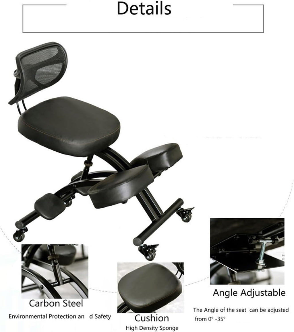 Ergonomic Kneeling Chair with Adjustable Back Support & Wheels, Posture Correction Desk Chair for Home Office to Relieve Back Pain