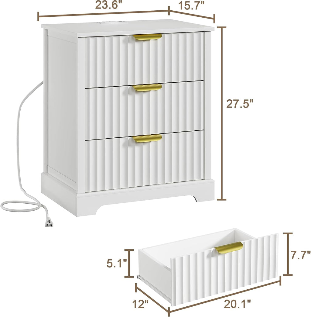 Fluted Nightstand with Charging Station and 3 Drawers | Metal Handles, Large Bedside Table, Bedroom, Charging Stations With USB-C Port, White