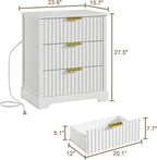 Fluted Nightstand with Charging Station and 3 Drawers | Metal Handles, Large Bedside Table, Bedroom, Charging Stations With USB-C Port, White
