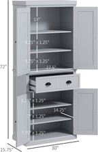 HOMCOM 72" Traditional Kitchen Pantry Cabinet, Freestanding Tall Storage Cabinet with 4 Doors, Drawer and 3 Adjustable Shelves for Dining Room, Gray