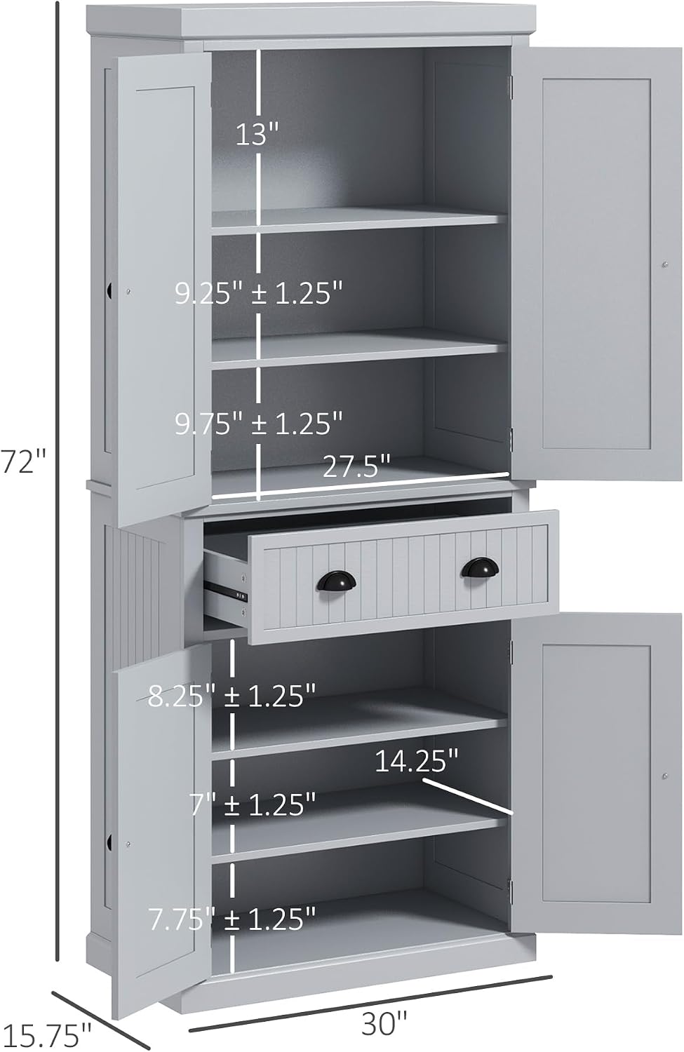 HOMCOM 72" Traditional Kitchen Pantry Cabinet, Freestanding Tall Storage Cabinet with 4 Doors, Drawer and 3 Adjustable Shelves for Dining Room, Gray