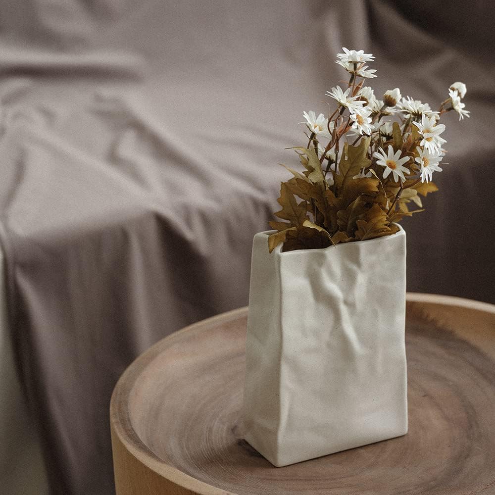 WENSHUO Crinkle Paper Bag Ceramic Vase, Modern Aesthetic Flower Vase for Home Decor, Unique Matte Ceramic Paperbag Vase for Flower Arrangement, Bookshelf Desk Decorative Ornament, Quirky Gift
