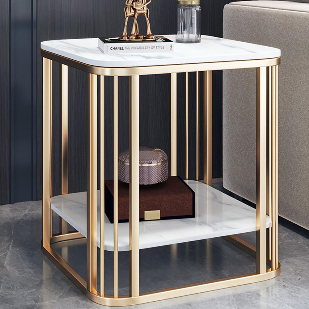 Modern Side Table 2-Tier Coffee end Tables for Living Room, Indoor & Outdoor Accent Tables with Marble Desktop & Metal Bracket, Multifunctional Bedside nightstand for Bedroom Sofa Balcony Patio