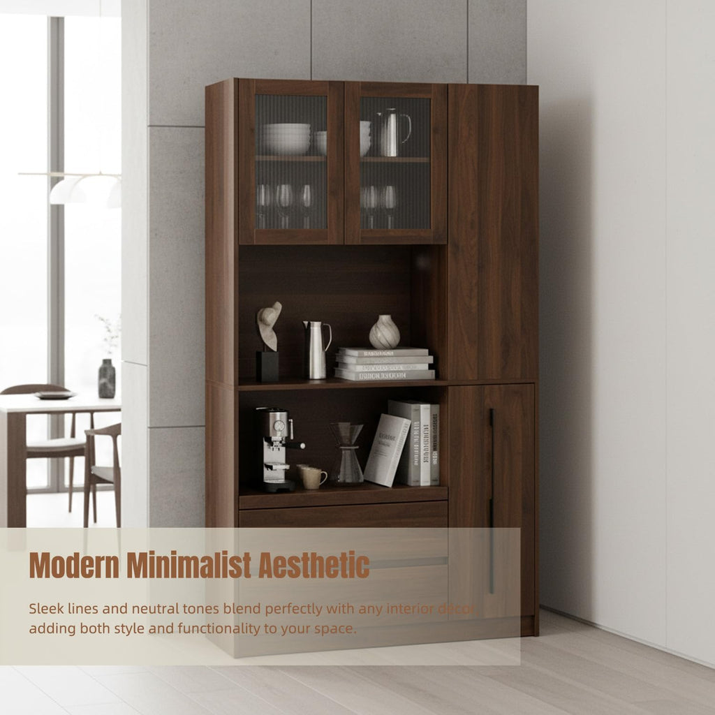 70.87" Tall Microwave Cart with Storage, Kitchen Pantry Cabinet with Multi-functional Pull-out Multi-tier Storage Shelf, 4-Tier Side Shelf 2 Drawers with Glass Door for Dining Room Home Office, Walnut