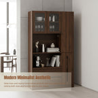 70.87" Tall Microwave Cart with Storage, Kitchen Pantry Cabinet with Multi-functional Pull-out Multi-tier Storage Shelf, 4-Tier Side Shelf 2 Drawers with Glass Door for Dining Room Home Office, Walnut