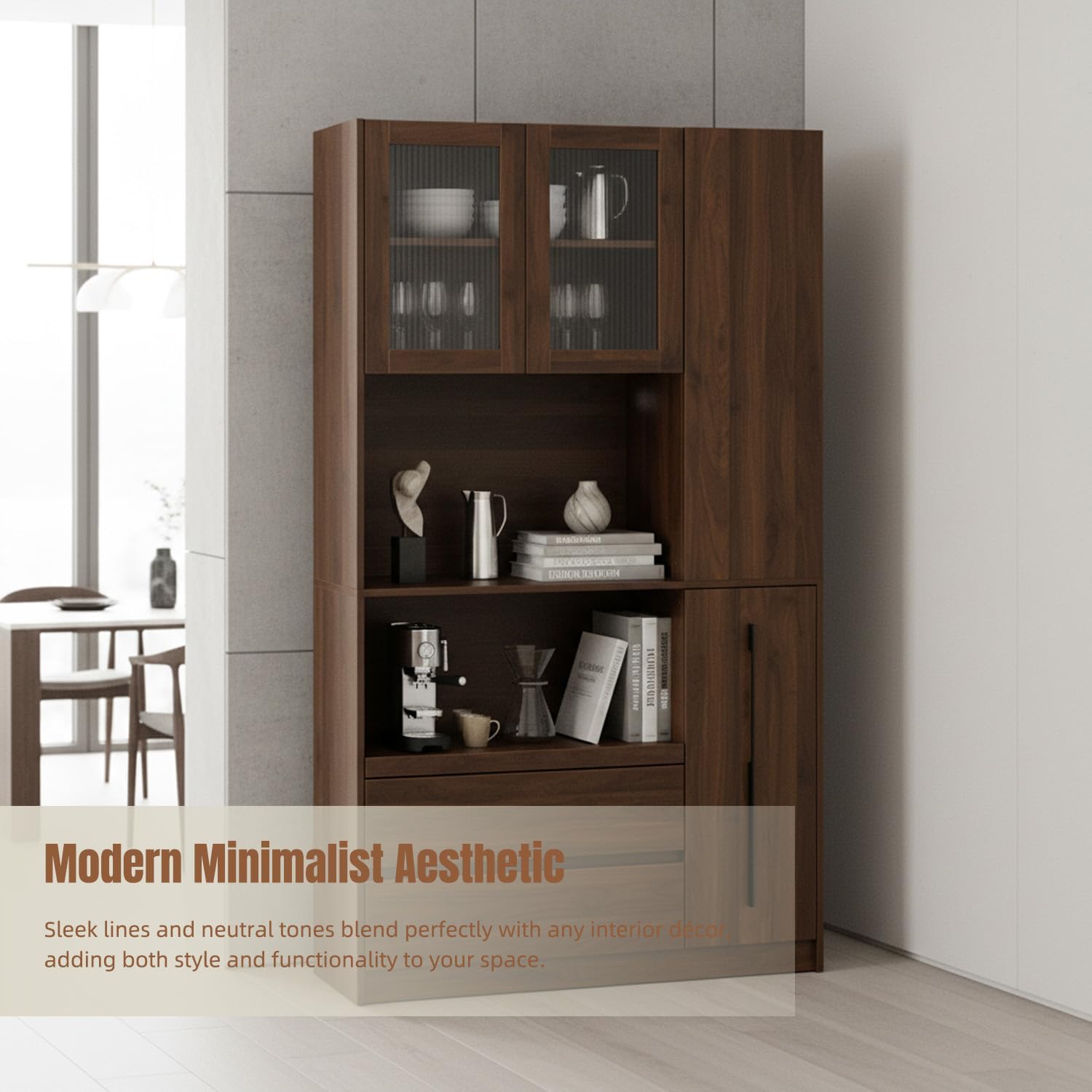 70.87" Tall Microwave Cart with Storage, Kitchen Pantry Cabinet with Multi-functional Pull-out Multi-tier Storage Shelf, 4-Tier Side Shelf 2 Drawers with Glass Door for Dining Room Home Office, Walnut