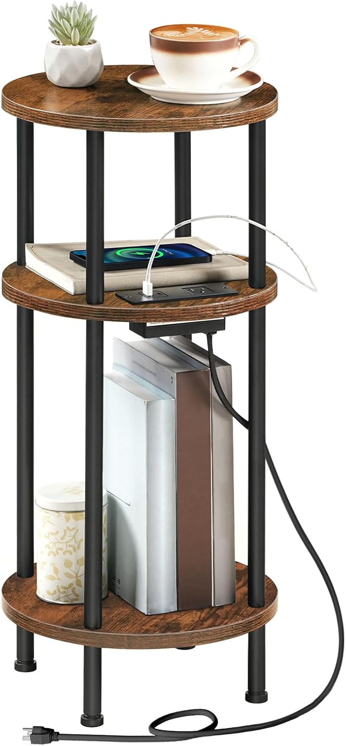 HOOBRO Small Round Side Table, 3-Tier Compact Sofa End Table with Charging Station, Circle Bedside Table Nightstand with Storage, for Small Space, Living Room, Bedroom, Rustic Brown BF219UBZ01