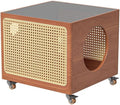 Bedside Table with Cat Condo Movable Side Table Wood and Handcrafted Rattan Cat End Table Square Coffee Table for Living Room All Occasion