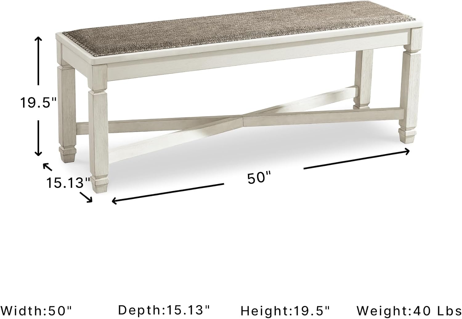 Signature Design by Ashley Bolanburg Casual French Country Upholstered Dining Room Bench with Nailhead Trim, Heavy Woven Fabric, Wood, Antique White & Tan