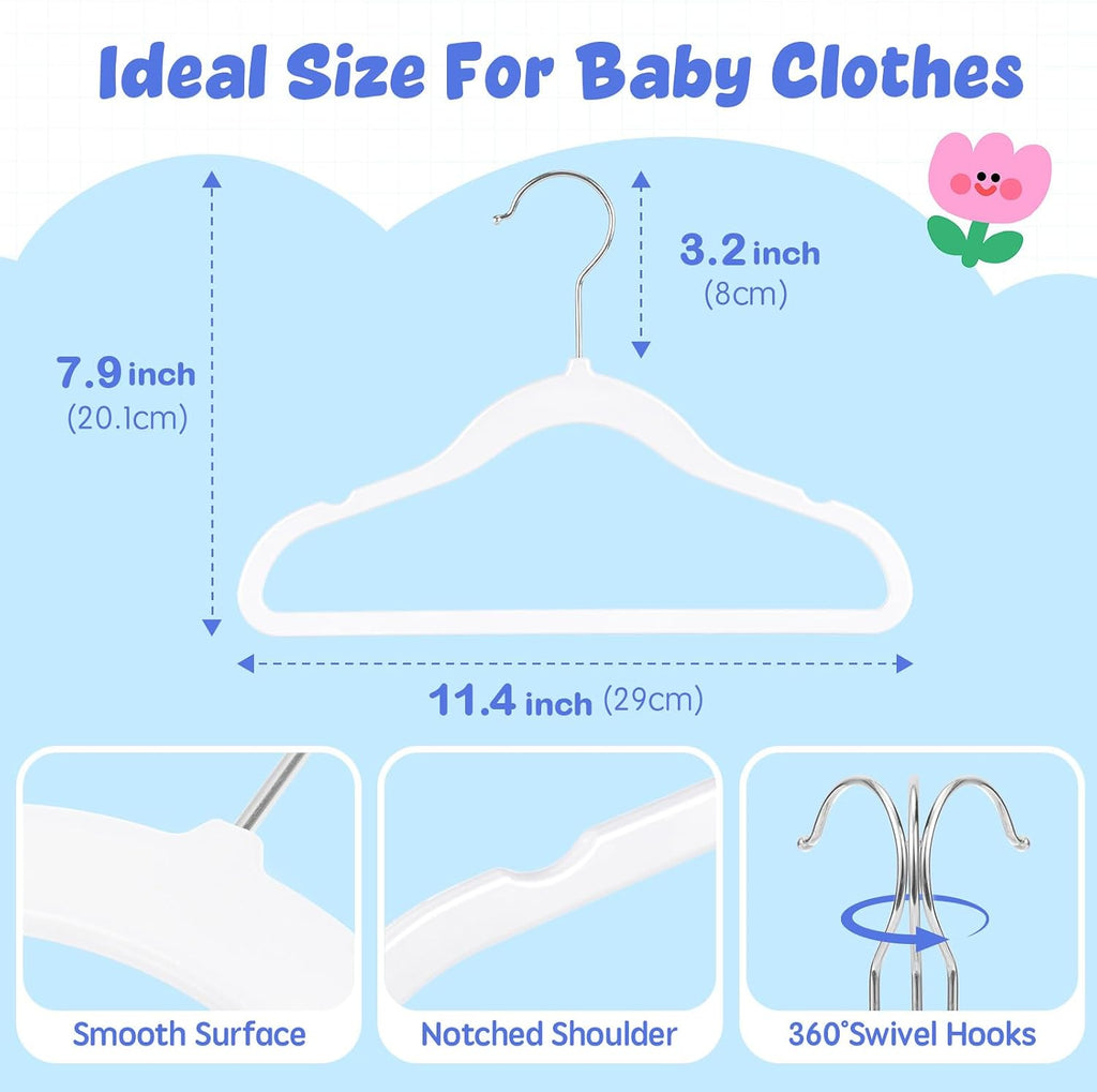 HOUSE DAY 11.4 Inch Baby Hangers 50 Pack - Plastic Kids Hangers Space Saving Thin Profile, Children Closet Organizers with Rotatable Hook of 360°, Heavy Duty for Toddler Clothes Nursery - White