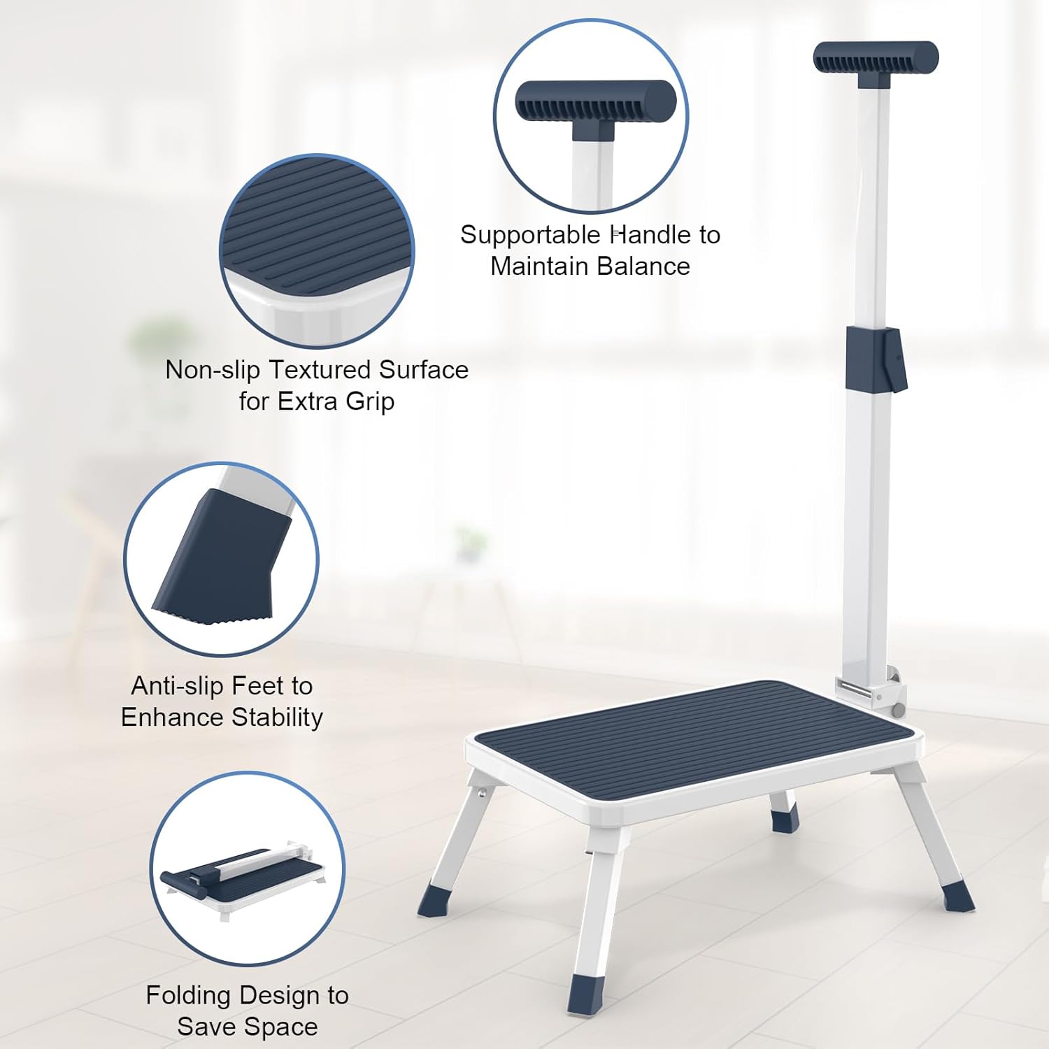 Folding Step Stool, Step Stools with Handle for Elderly Adults, Metal Stepping Stool with Adjustable Handrail in Kitchen, Bathroom, Bedroom, 330 Lbs Capacity