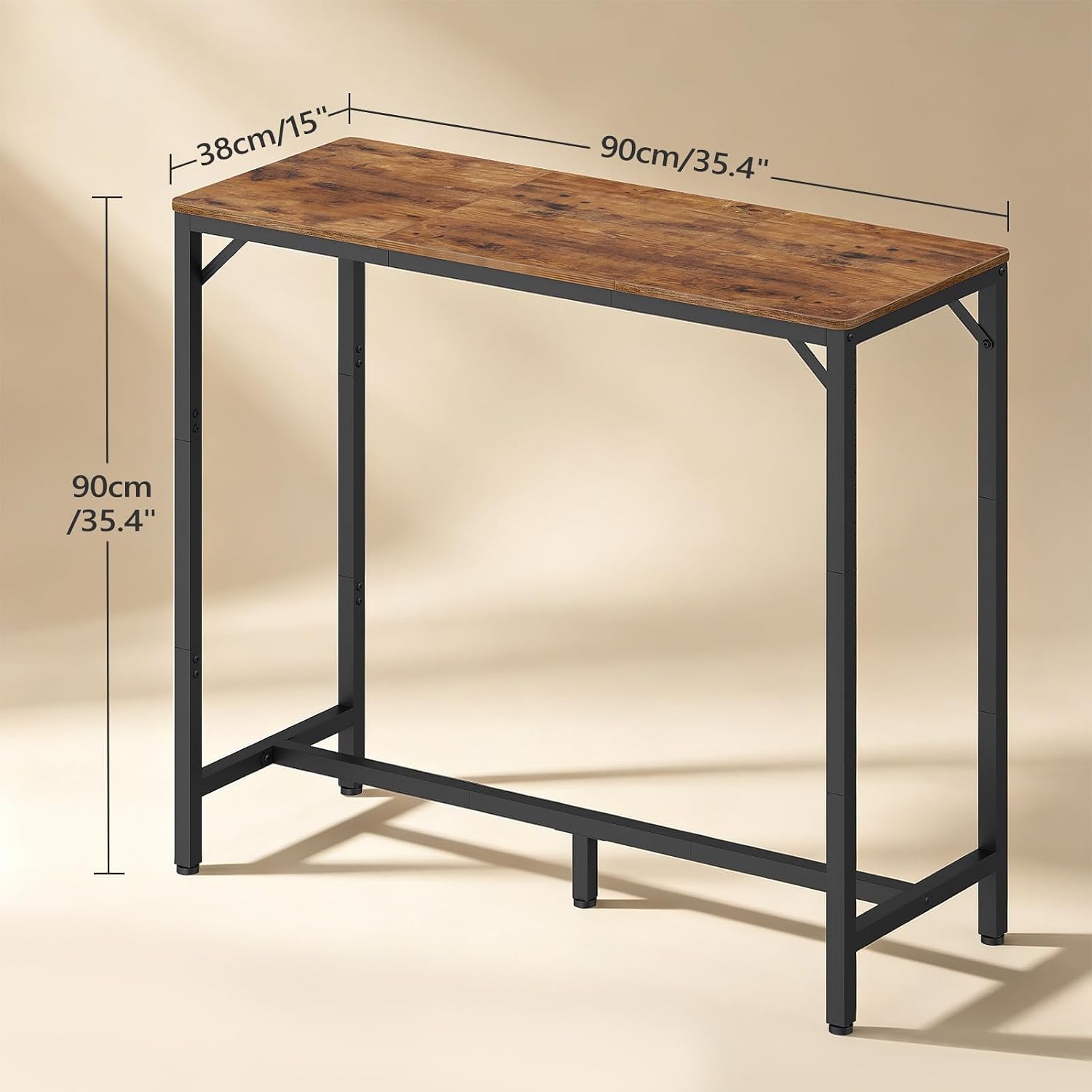 MAHANCRIS Bar Table, 35.4-Inch Counter Height Pub Table, Cocktail Table | Rectangular Bar Table with Metal Frame and Footrest, for Dining Room, Stairwell, Bar, Save Space, Rustic Brown and Black