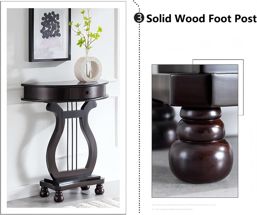 Half Moon Shaped Entryway Side Table, Narrow Semi Circle Console Table, Solid Wood Accent Table with Drawer, Perfect for Hallway, Living Room & Entryway Use (Cherry, 23.6"L * 11.8"W * 30.3"H in, Wood)