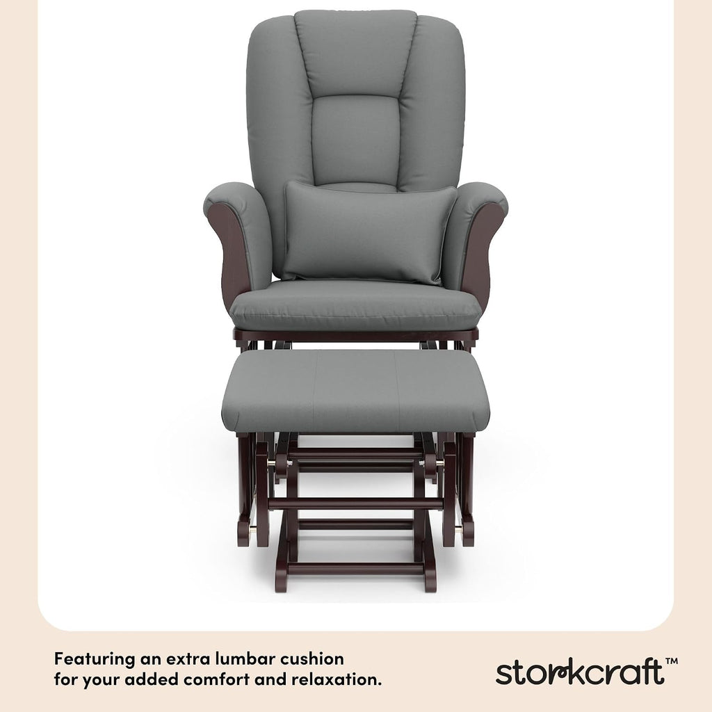 Storkcraft Tuscany Glider and Ottoman with Lumbar Pillow, Espresso/Gray | GREENGUARD Gold Certified, Bonus Lumbar Cushion Included, Solid Wood Base, Smooth Motion, Award-Winning Nursery Rocking Chair