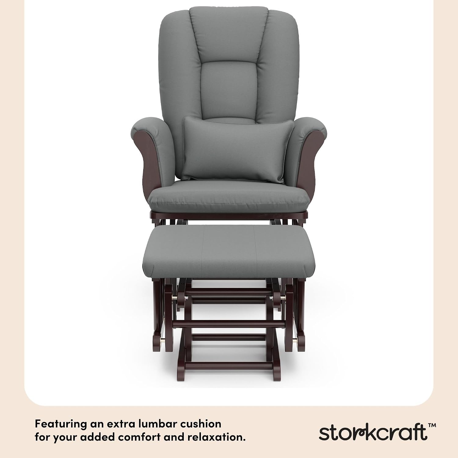 Storkcraft Tuscany Glider and Ottoman with Lumbar Pillow, Espresso/Gray | GREENGUARD Gold Certified, Bonus Lumbar Cushion Included, Solid Wood Base, Smooth Motion, Award-Winning Nursery Rocking Chair