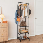 SUOERNUO Rolling Clothes Rack Clothing Rack With 3 Tier Metal Shelves | Clothing racks for hanging clothes With 4 Hooks for Small Space.Garment Rack for Bedroom Laundry room Entrance Hall,Black