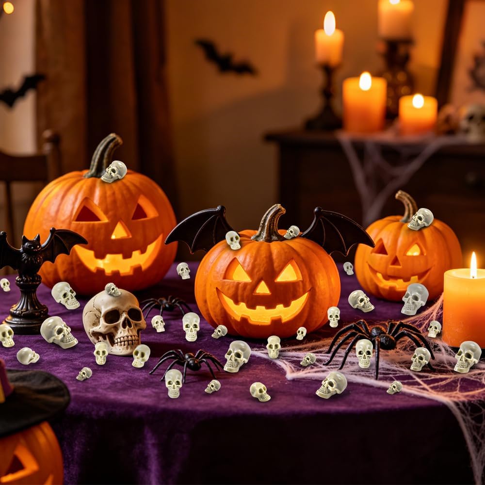 Vellibring 150 PCS Halloween Mini Skull Heads Decoration, Plastic Miniature Decorative Skulls Halloween DIY Resin Skeleton Head Figurines for Halloween Vase Filler Trick Party Table Decor