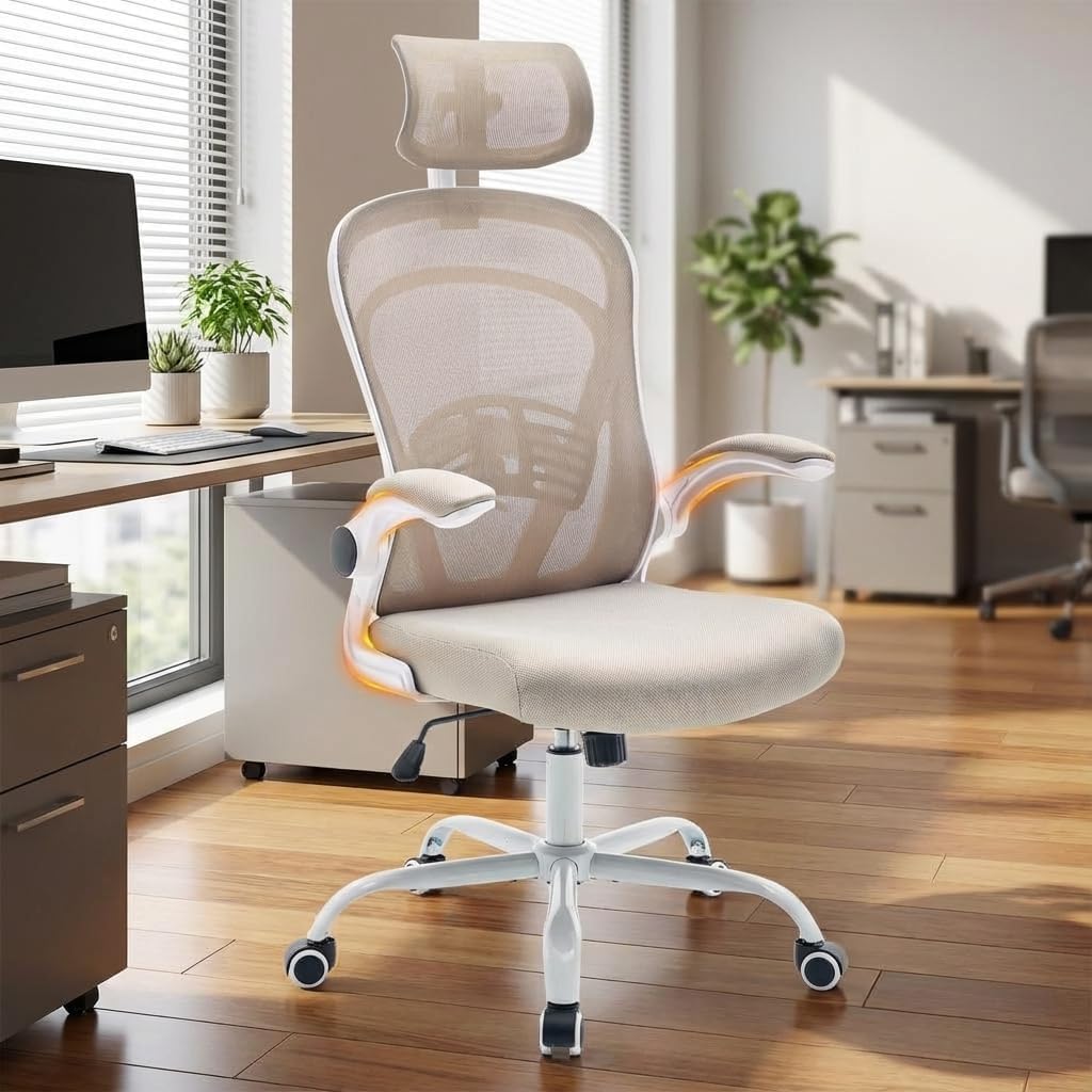 Ergonomic Office Chair for Long Hours & Back Pain Relief, Home Office Desk Chair Comfy with Flip-Up Armrests &Comfortable Lumbar Support Gaming Chairs for Bedroom,Study,Student,Wide Seat.White