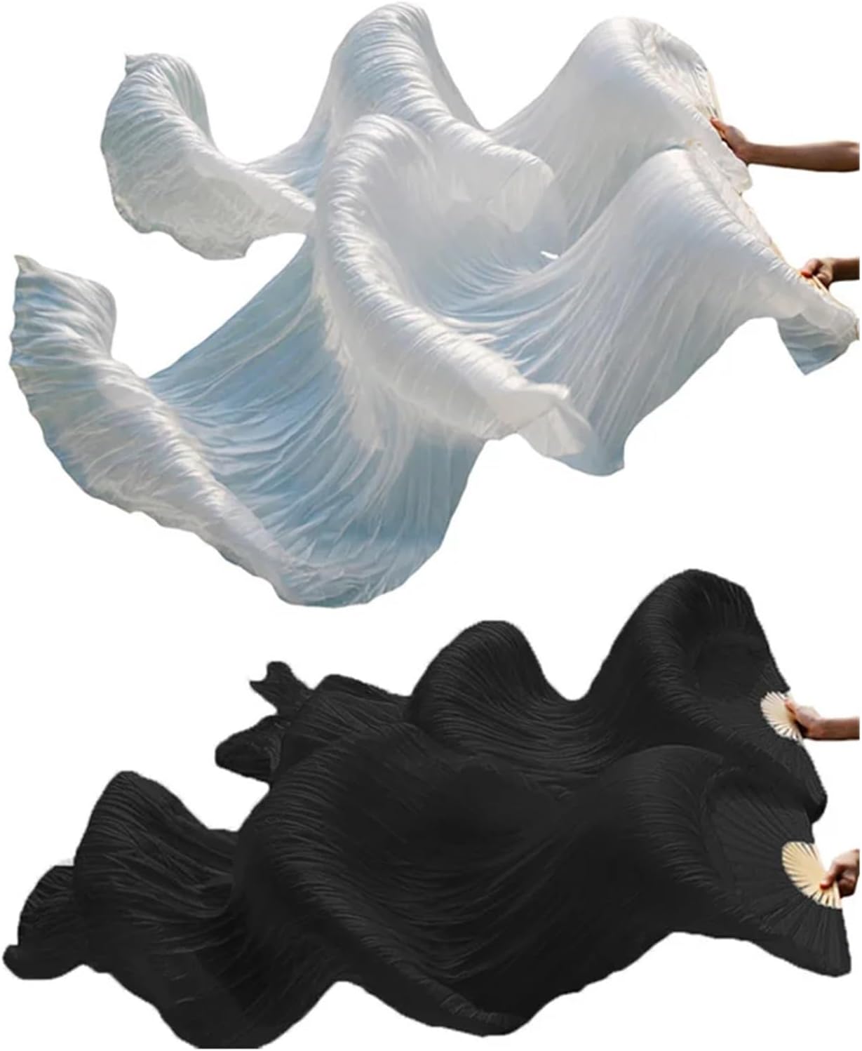 2PCS Silk Belly Dance Fans Real Veils Hand White Color