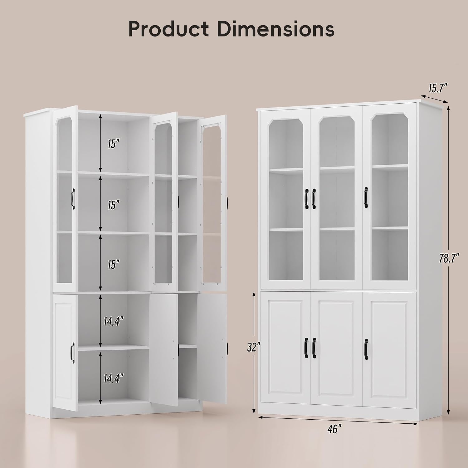MU 78.7" Tall Kitchen Pantry with 3 Glass Doors, Freestanding China Cabinet with Adjustable Shelves, Large Kitchen Pantry Storage Cabinet Cupboard for Dining Room, Living Room, White (X-Large, 46" W)