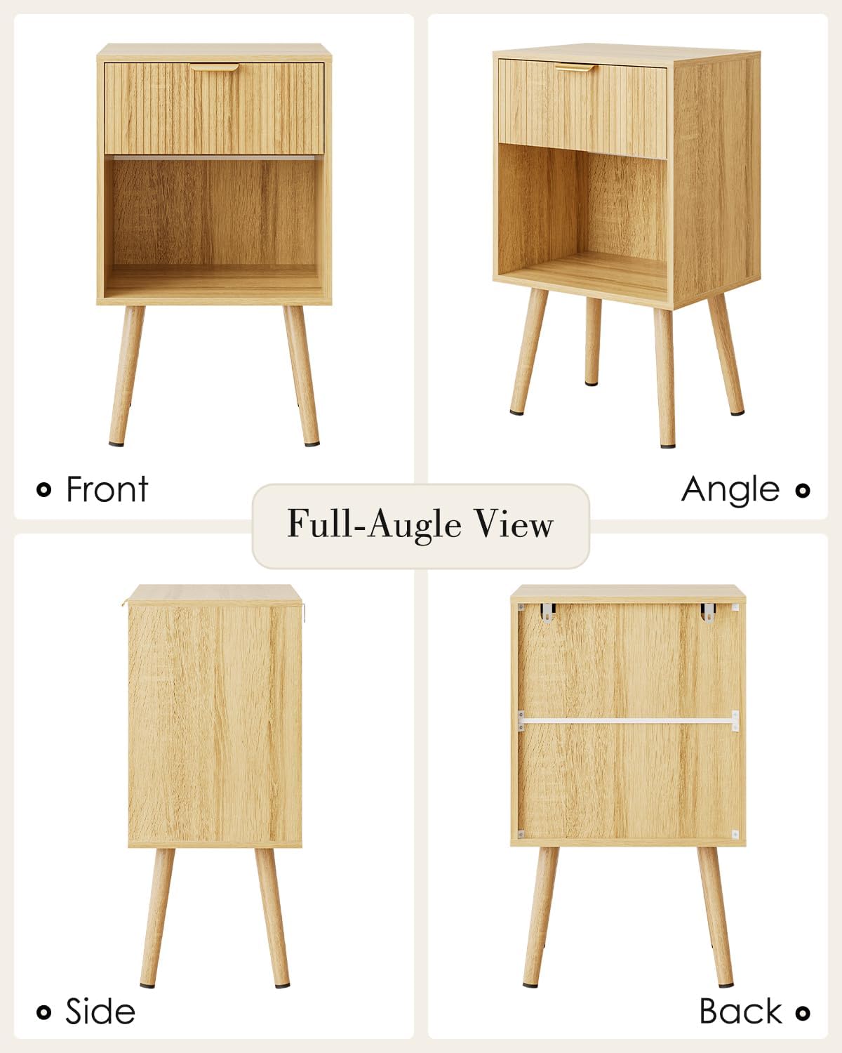 Oak Fluted Nightstand, Modern Bedside Table with Storage Drawer, Wood Night Stand Side End Table for Bedroom, Living Room, Office