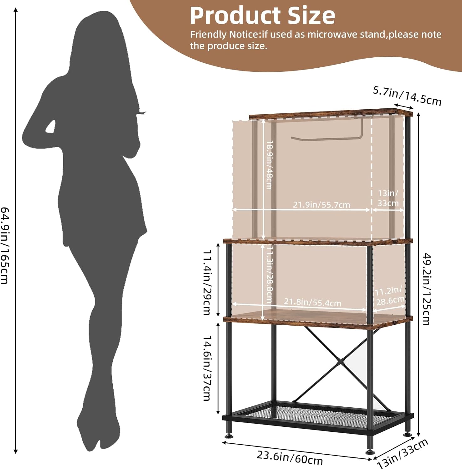 SUPERLELE 4-Tier Bakers Rack, Coffee Bar Table with Paper Holder, Rustic Brown Kitchen Storage Shelf Microwave Stand, Reinforced Industrial Standing Rack for Home Kitchen, 23.6 x 13 x 49.2 Inches