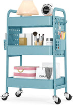 TOOLF Metal Rolling Storage Cart, 3-Tier Utility Mobile Cart with DIY Pegboards, Serving Trolley Cart with Baskets Hooks, for Kitchen, Bathroom, Office, Home, Classroom (Blue)